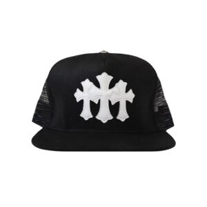 chblackcrosses CHROME HEARTS TRIPLE CROSS TRUCKER HAT BLACK/WHITE