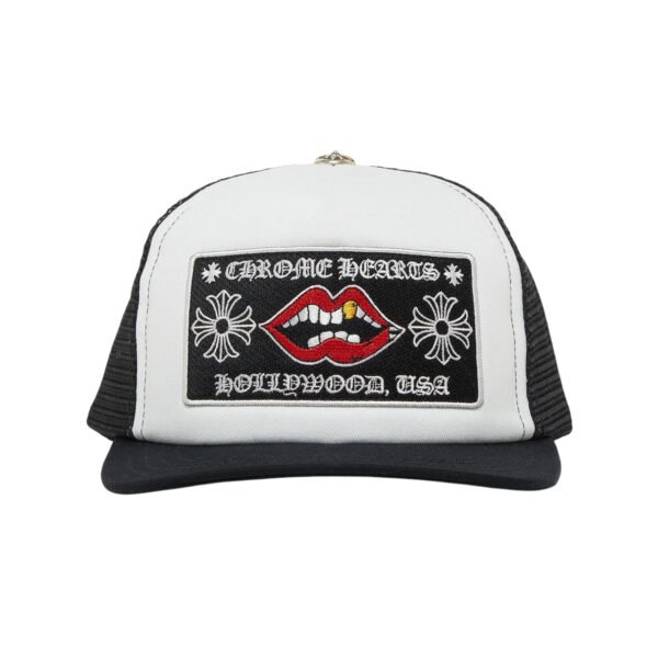 chlipswhiteblack CHROME HEARTS CHOMPER HOLLYWOOD TRUCKER HAT BLACK/WHITE